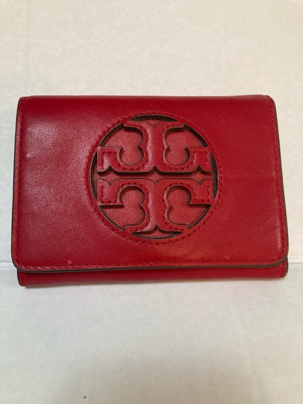 Tory Burch Red Leather Compact Wallet with Cutout Logo